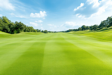 Expansive green golf course on a sunny day surrounded by lush trees and clear blue sky