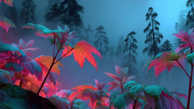 Enchanted Forest at Night Pink and Blue Neon Plants