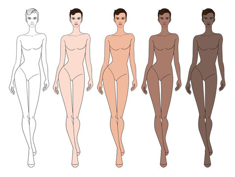 Colored skin tones fashion croquis figurines walking with sculptural updo hair woman in vector.