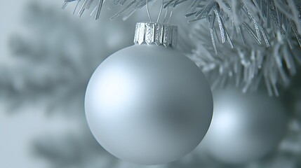 Silver Christmas Ornament on White Tree Closeup