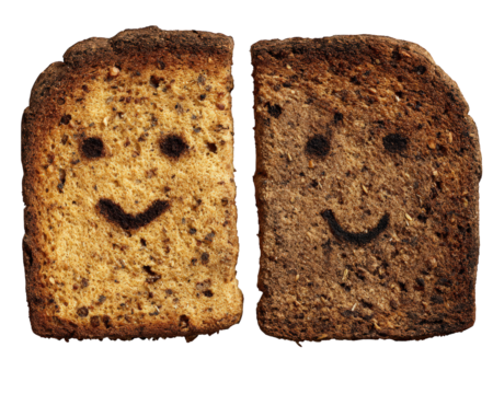 Two slices of toasted bread with smiling faces painted on them, isolated on transparency background, evoke cheerful and playful mood, perfect for breakfast or snack concepts