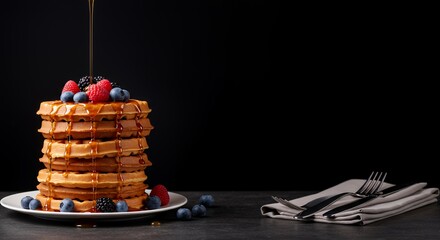 Golden Syrup Drizzles Down a Stack of Buttery Waffles Topped with Fresh Berries