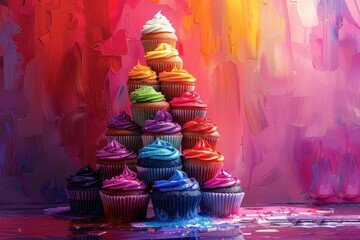 Vibrant digital illustration of a tower of cupcakes.