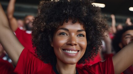 A female soccer fan, cheering for his team with a wide smile, surrounded by other spectators in a stadium setting.
