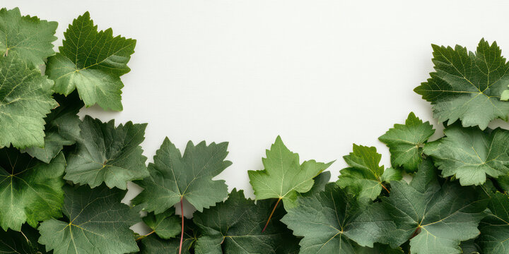 Green grapevine leaves arranged in a border pattern on a white background, creating a fresh botanical nature frame with copy space