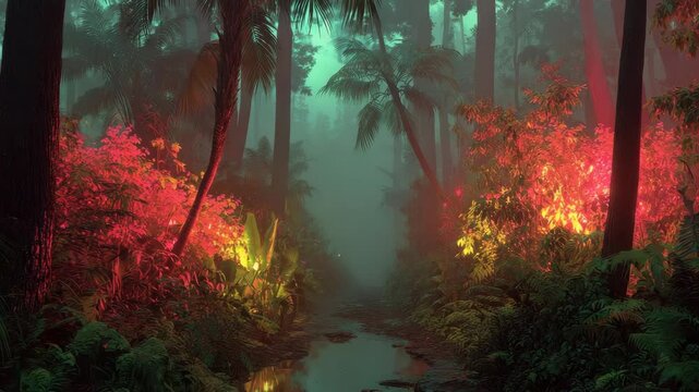 Enchanted Forest Path Red And Green Lush Vegetation, Misty Atmosphere, Dark Teal Water