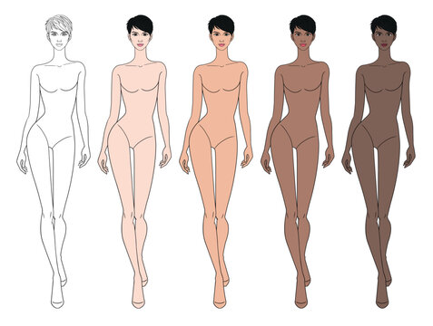 Colored skin tones fashion croquis figurines walking with short hair woman in vector.