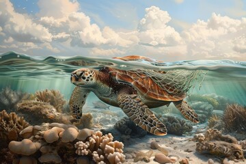 Fototapeta premium A green sea turtle trapped in a fishing net, highlighting the dangers of plastic pollution.