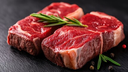 Fototapeta premium Two fresh cuts of premium meat are artistically arranged on a dark slate surface, showcasing their rich color and texture that highlights quality ingredients for culinary delights.