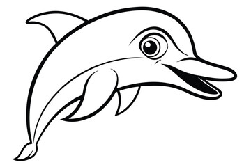 Black and white cartoon dolphin is happily swimming forward in the ocean