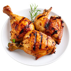 Top view of Grilled Chicken Legs a plate isolated on transparent background, object, cut out