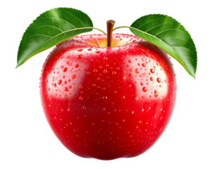  3D rendered red apple with water droplets and leaves, isolated on transparent background PNG