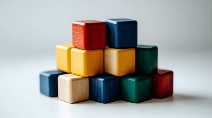 Obraz premium Colorful Wooden Blocks Stacked in a Pyramid Arrangement on White Background