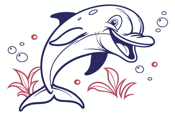 Animated dolphin with open mouth swims happily amid bubbles and coral elements gracefully