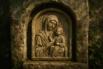 Fototapeta premium Ancient carved stone relief of madonna and child surrounded by foliage in evening light, highlighting religious heritage and craftsmanship