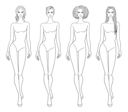 Fashion outline sketch croquis figurines female body walking with different hairs in vector.
