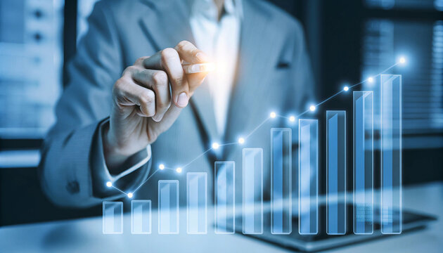 Businessman points to upward trending financial graph with glowing data points