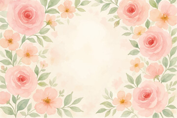 Vintage floral background with romantic pink roses, elegant frame, and decorative hearts for a wedding or Valentine's Day card design