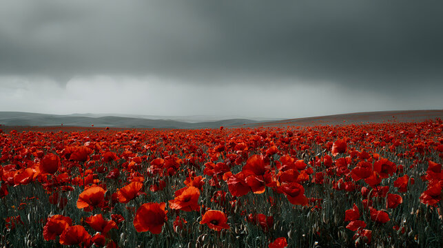 A wide gently swaying field of bright red poppies beneath a somber overcast sky evoking emotion through vibrant color and moody natural atmosphere