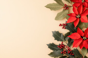 Festive poinsettias and holly arranged on a warm beige background celebrating the christmas season