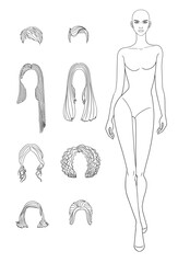 Mix and Match Fashion outline sketch croquis figurines female body walking with different hairs in vector.