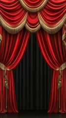 Red velvet stage curtains with ornate gold trim framing a dark backdrop for a theater performance during an evening show