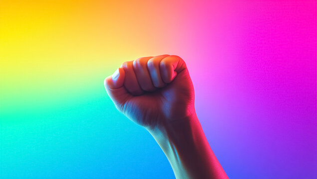 Powerful fist raised with rainbow colors on vibrant gradient background - Powered by Adobe
