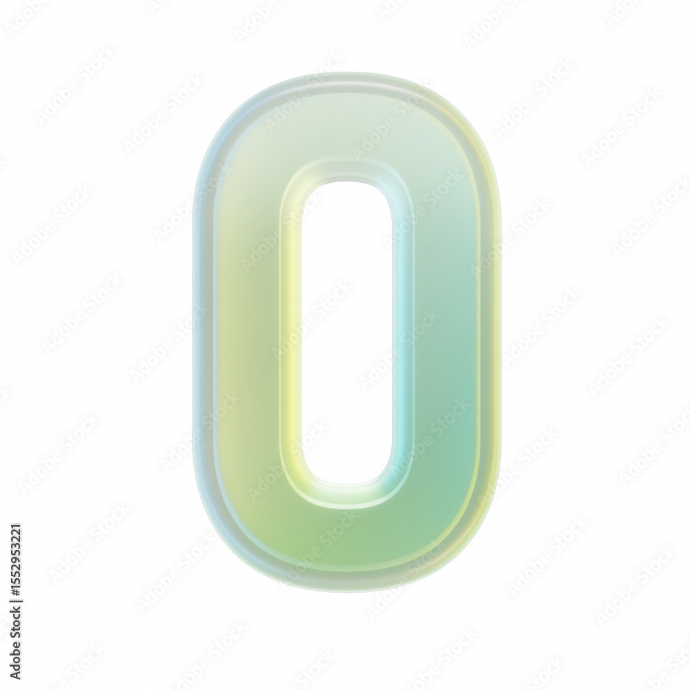 Poster 3d rendering number zero glassy transparent rounded bold font on transparent background