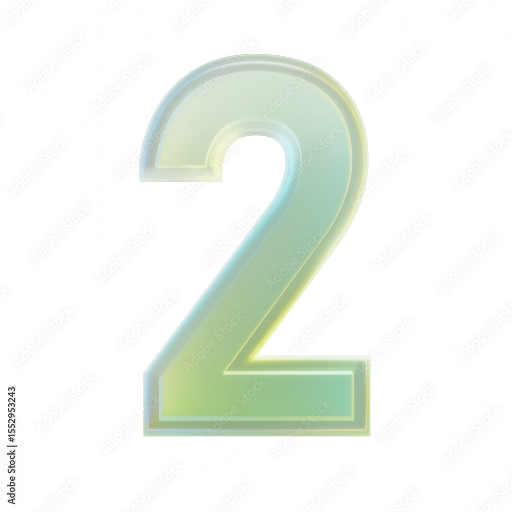 Poster 3d rendering number two green and yellow gradient glass transparent background