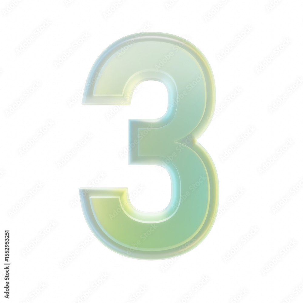 Poster 3d rendering number three 3 glass transparent gradient green yellow numeral