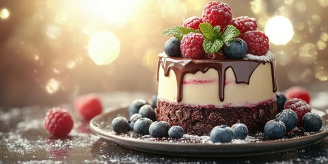 Decadent dessert with fresh berries and chocolate drizzle on a festive table setting