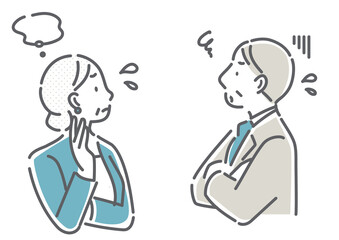 Simple and stylish line drawing illustrations of troubled business people in their 40s and 50s