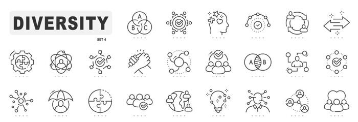 Diversity line icon pictogram set. Variety, equality, acceptance, difference etc. Editable stroke