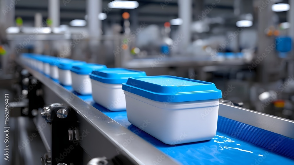 Poster automated packaging conveyor line in a factory setting.