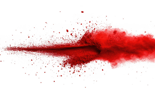 Dynamic red blood splatter effect, abstract bloodstream illustration, red liquid burst, artistic red paint explosion isolated on transparent background
