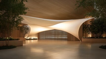 A stunning architectural installation featuring an elegant interplay of soft fabric, light, and natural greenery that creates an inviting ambiance for visitors.