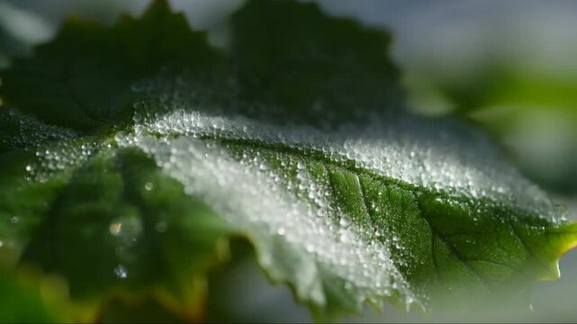 macro shot frosted green leaf with ice crystals