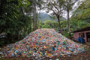Massive plastic waste pile in a forest