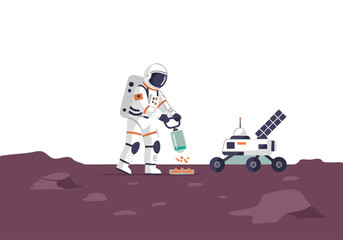 Naklejka premium Astronaut analyzes lunar sample on Mars. A detailed illustration showcases a space explorer collecting a rock with a robotic rover in a reddish landscape. Modern, clean style.