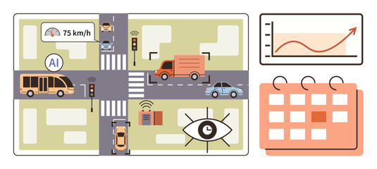 Smart city intersection with AI-controlled traffic, vehicles, sensors, and cameras. Includes dashboard charts and a calendar. Ideal for transportation, urban planning, technology, AI innovation