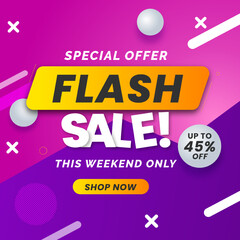 Naklejka premium Flash Sale Banner in pink and purple background and white stripe with up to 45% off. Illustration. Special Offer. Shop Now. Vector. This Weekend Only. 45% off.