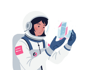 An astronaut examines a glowing crystal, conveying a sense of wonder and discovery. Clean, modern illustration style.