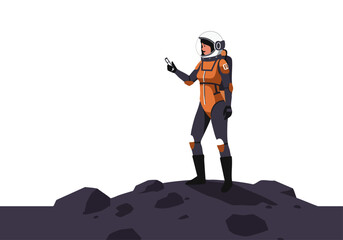 Astronaut explores Mars, using a tablet to monitor data. A modern, stylized illustration with a vibrant orange backdrop and rocky terrain. Perfect for tech, space, and science themes.
