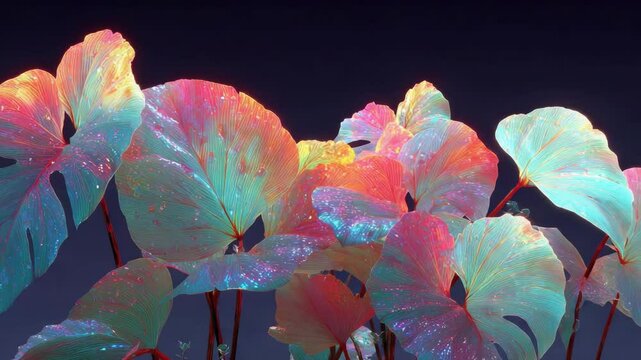 Iridescent Glowing Leaves Against Dark Background