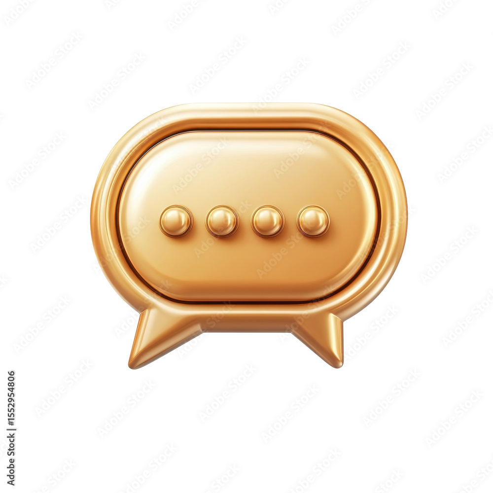 Poster golden chat bubble communication icon with typing indicator dots shiny on transparent background