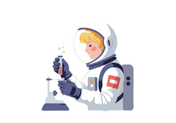 An astronaut meticulously collects a sample in a lab, showcasing scientific exploration and precision. Clean, modern design with a bright background.