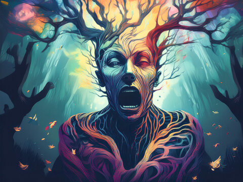 Traumatic Stress Disorder (TSD/PTSD), traumatic stress, PTSD expression, inner scream, psychological torment, emotional breakdown, mental chaos, existential fear, trapped mind. pain and healing, haunt