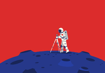 An astronaut surveys a lunar landscape with a surveying tripod. Bold, graphic style. Perfect for space, exploration, and technology themes. © Vector Factory