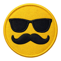 Embroidery patch of cool emoji with dark sunglasses and a mustache on a transparent background