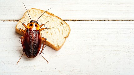 A large brown cockroach sits on a slice of bread. The background is a light wooden surface, emphasizing the insect and food contrast.